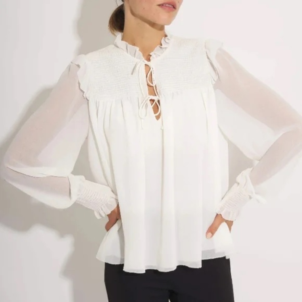 NEW! Elie Tahari Sheer Smocked White Blouse Victorian Romance Bows Size XS